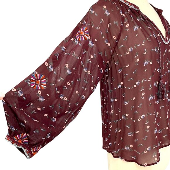 Ulla Johnson Lida Blouse Top Maroon Floral Silk Chiffon V-Neck Size 2 S Sheer - Picture 10 of 14